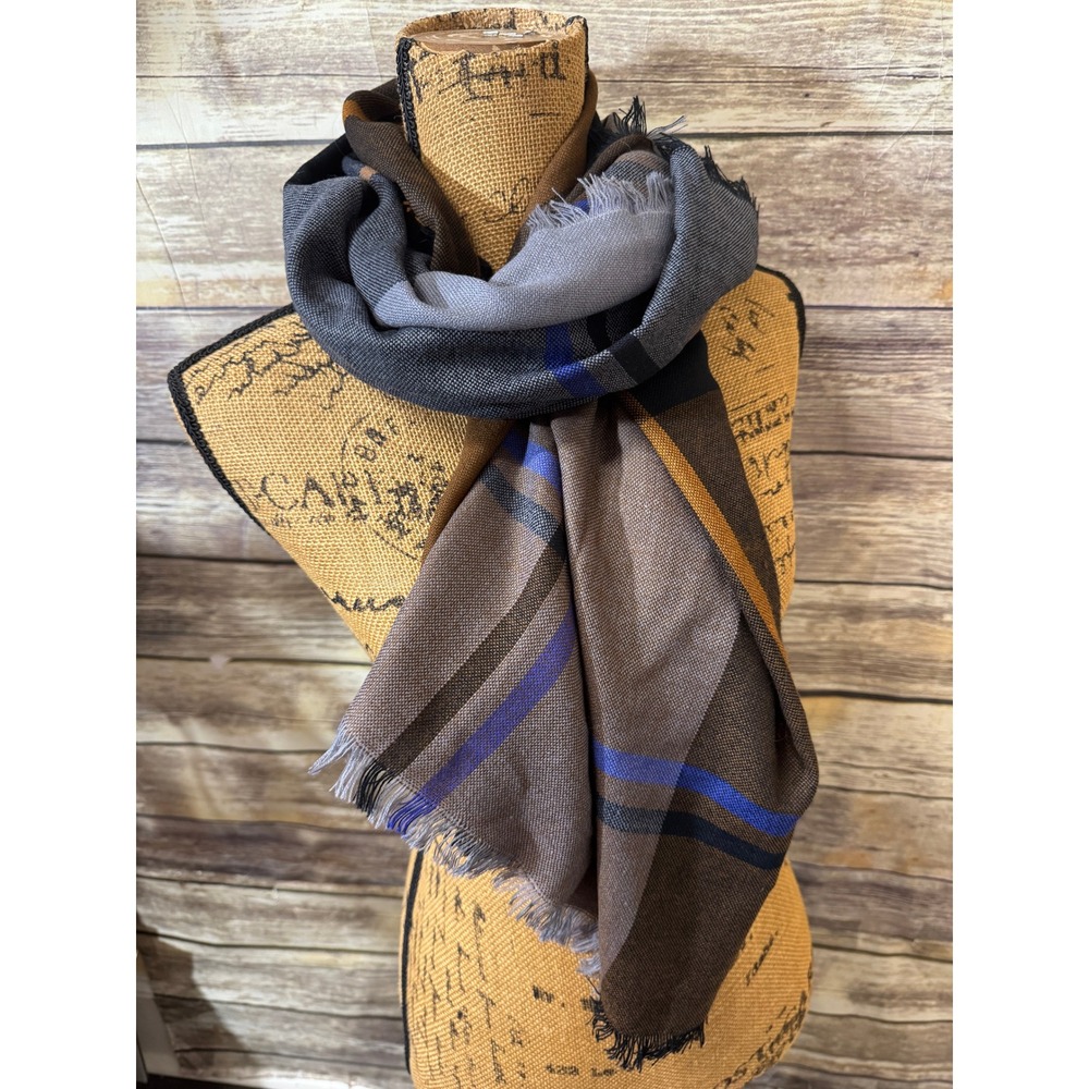 Plaid Colorblock Square Blanket Scarf Brown Grey Blue Fringed Wrap Shawl 45x45